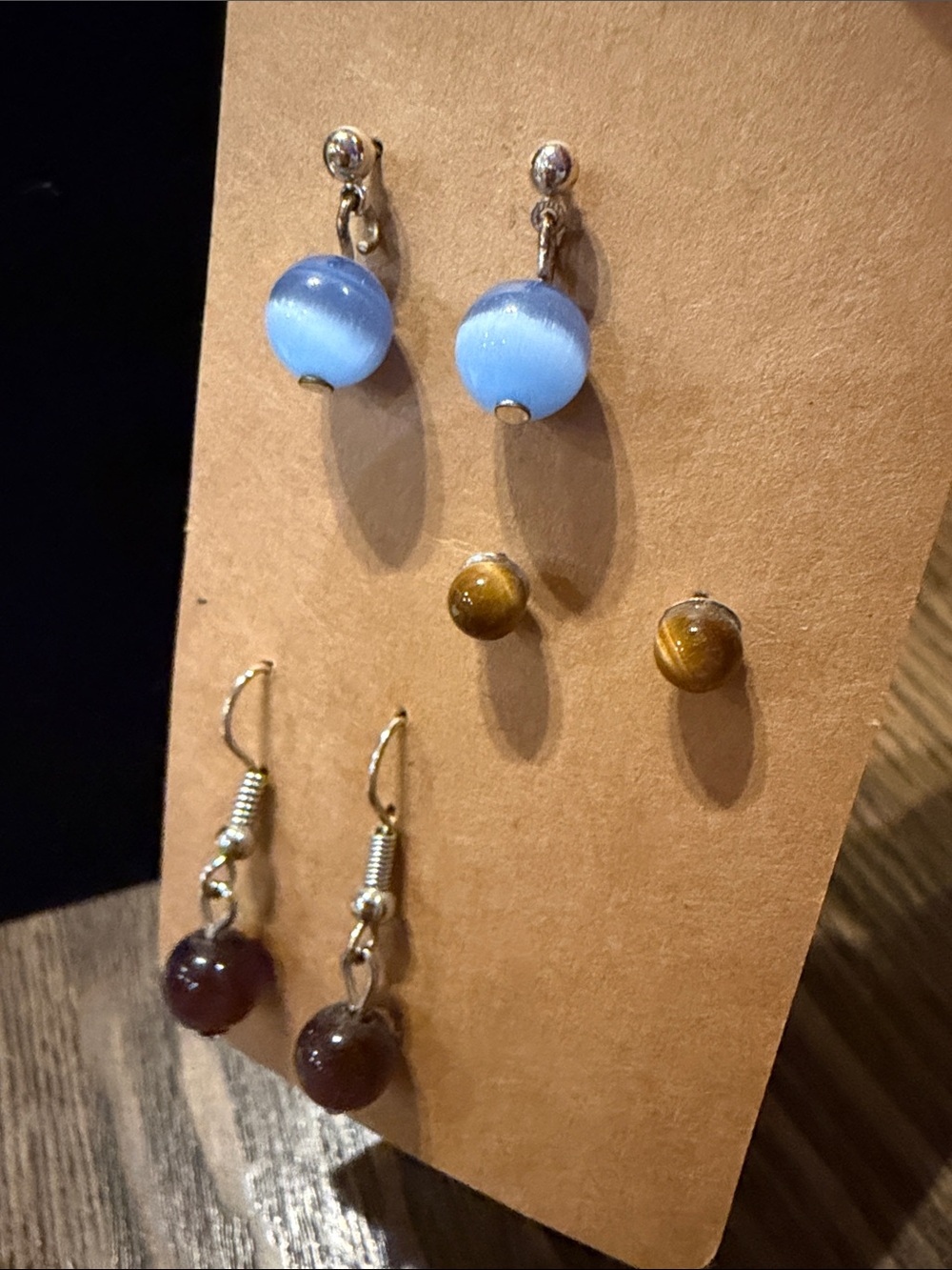 Hand Crafted Three-Pair Earring Set — Light Blue, Amber, Brown - Picture 3 of 3